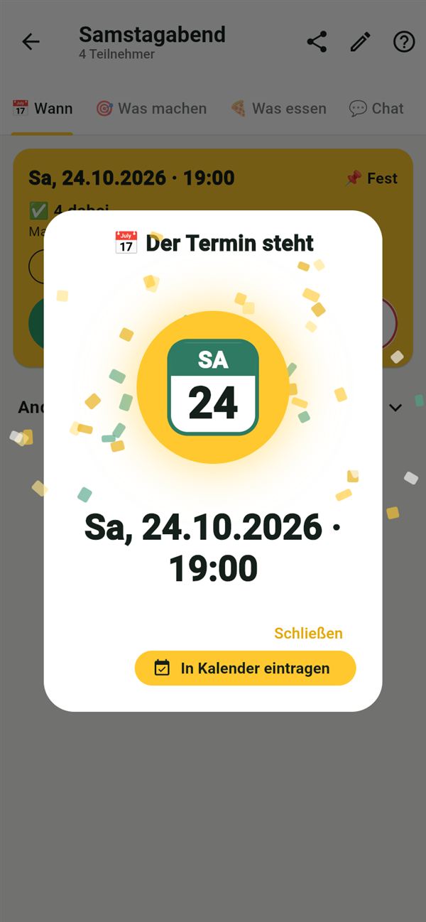 Snackn: Der Termin steht, Samstag, 24. Oktober, 19 Uhr, mit Knopf In Kalender eintragen