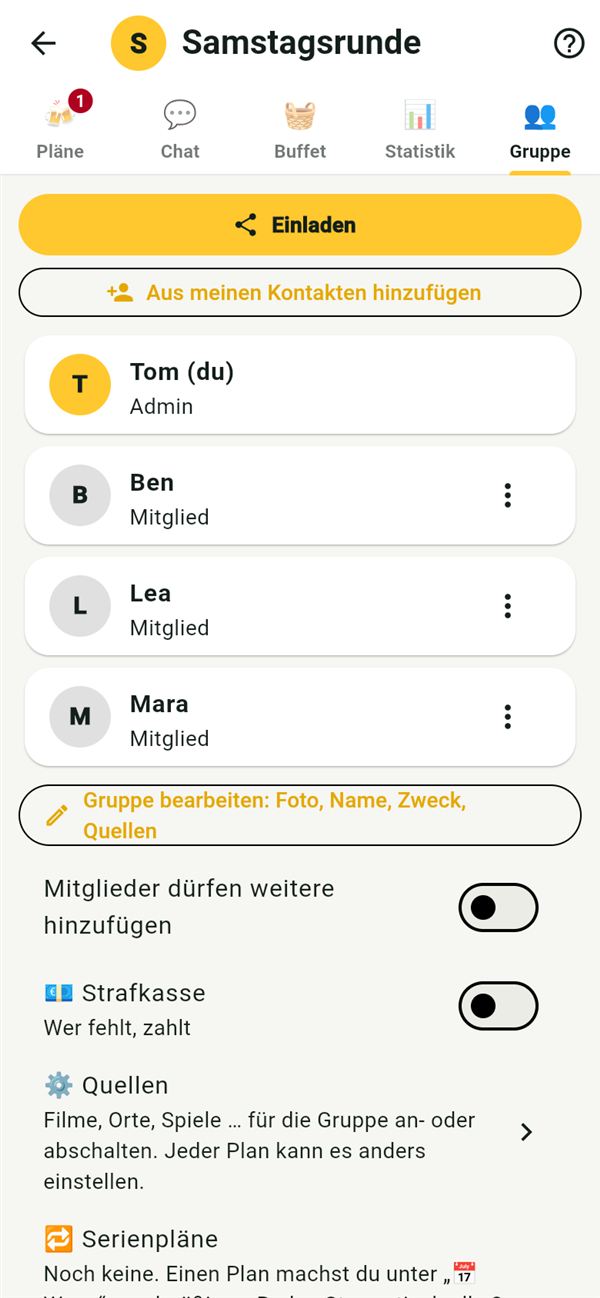 Snackn: Gruppe Samstagsrunde mit Tom, Ben, Lea und Mara, oben der Knopf Einladen
