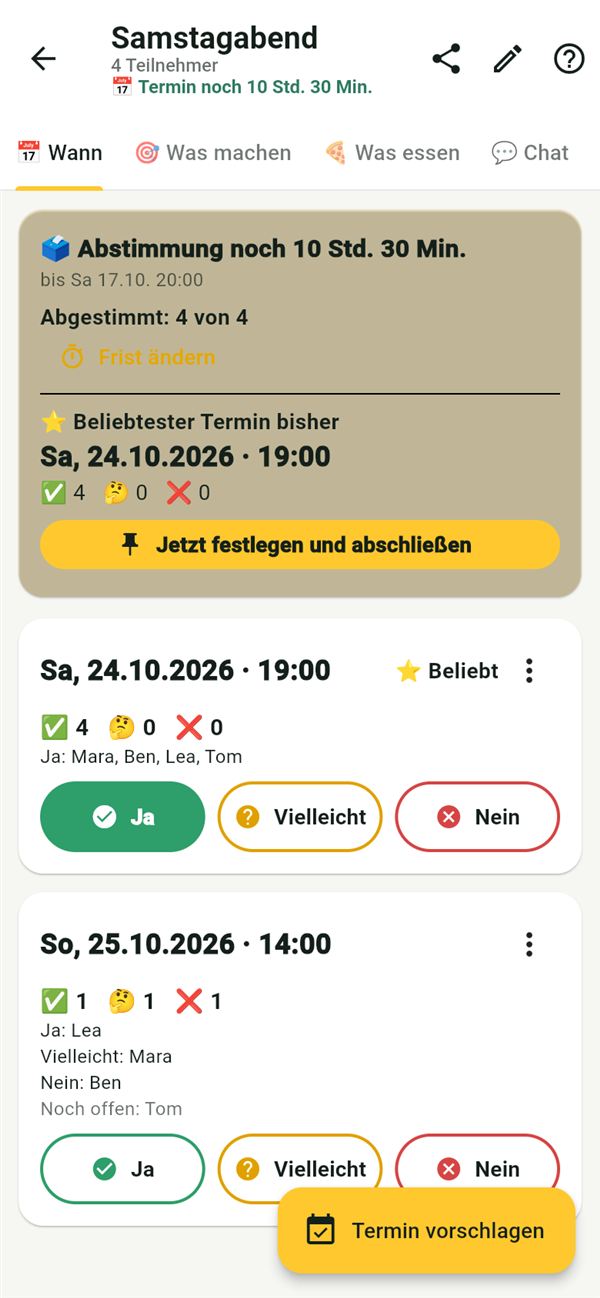 Snackn: Ja zum Termin am Samstagabend ist angetippt