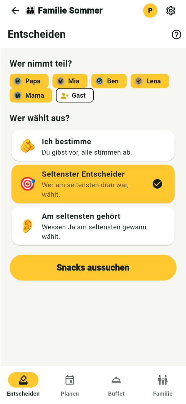 Snackn: Entscheiden mit Papa, Mia, Ben, Lena und Mama, Seltenster Entscheider gewählt