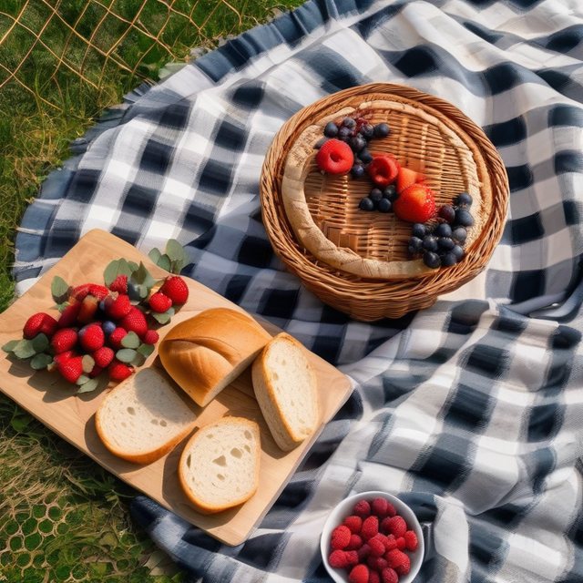 Karierte Picknickdecke auf der Wiese mit Korb, Brot und Erdbeeren